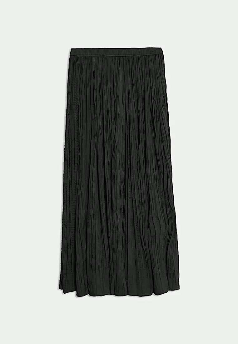Textured Pleated Midi Slip Skirt