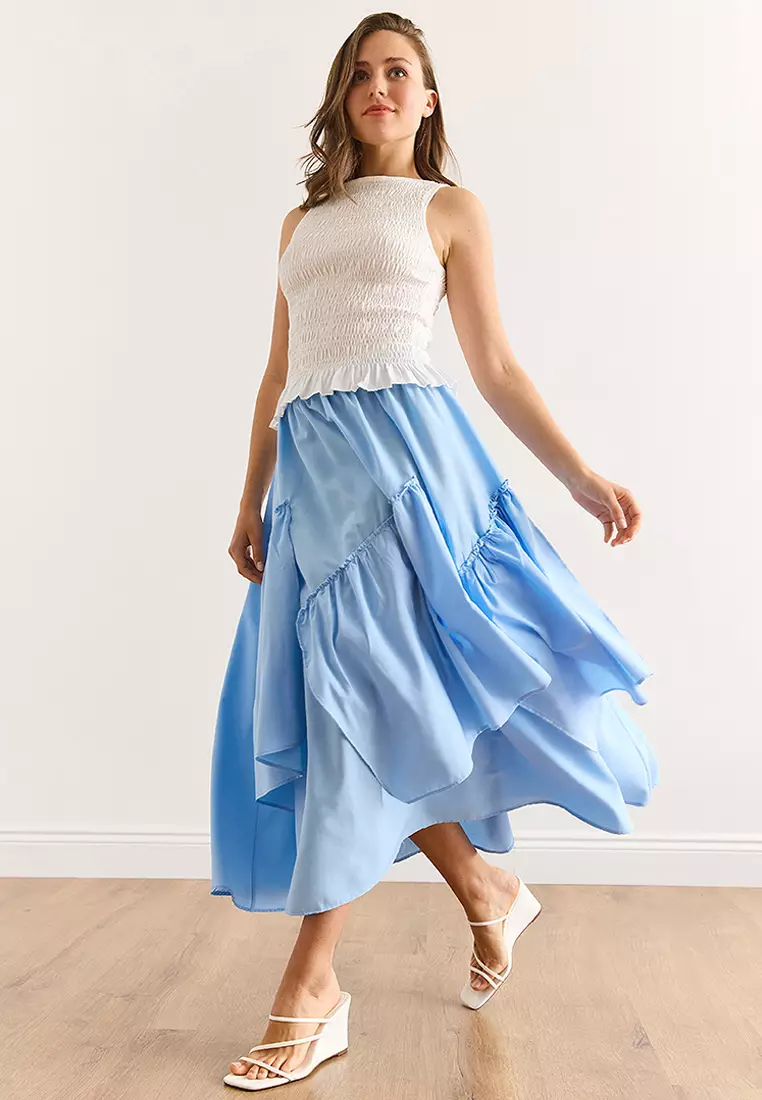Women's Blue Elastic Waist Piece Skirt Etk-19000331