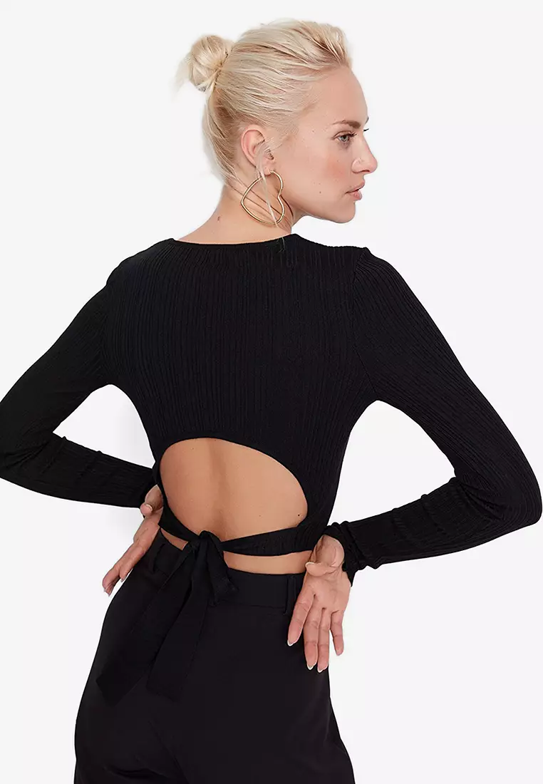 Open back clearance tie sweater