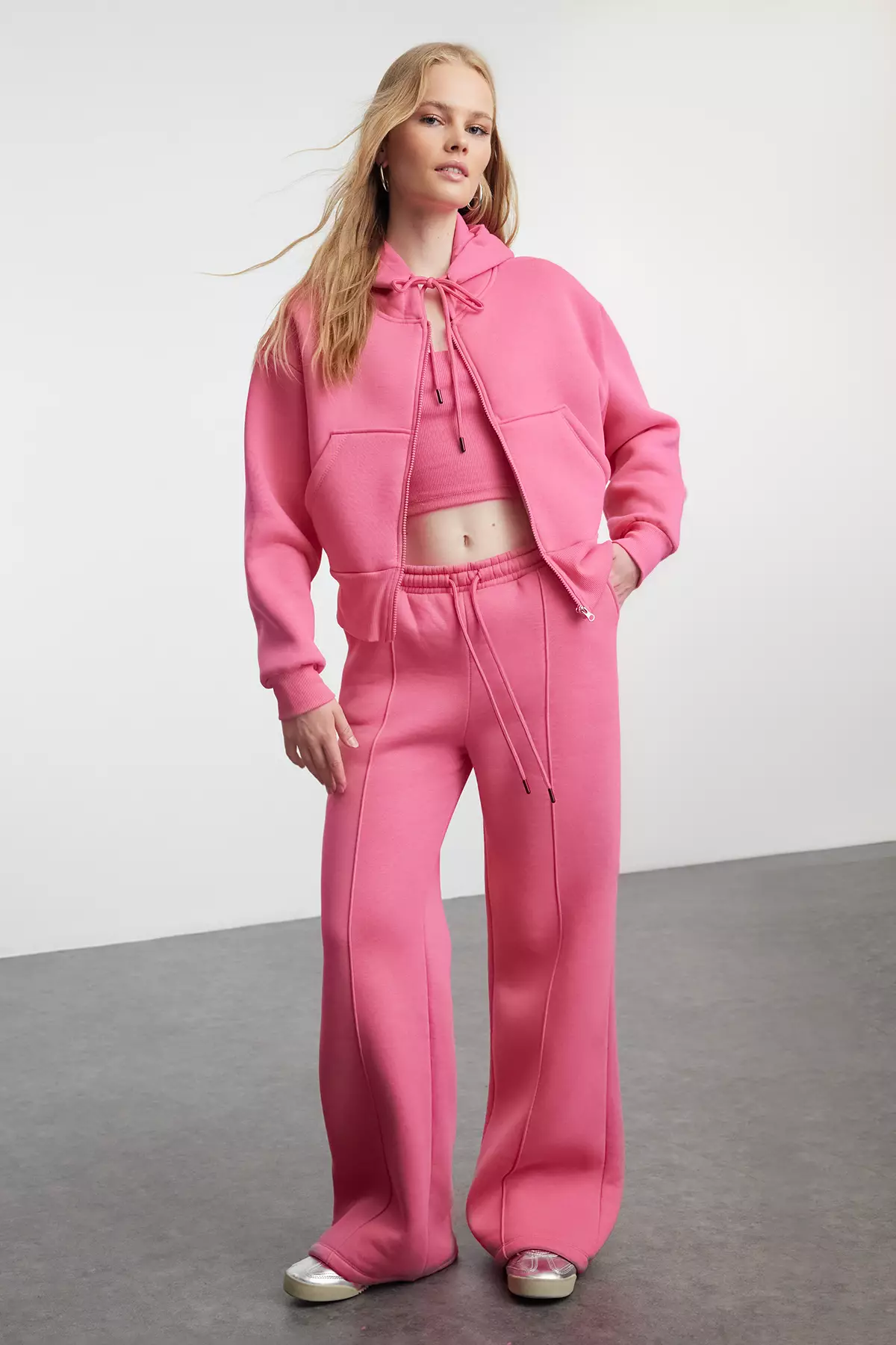 Pink 3-Piece Fleece Hooded Relaxed Knitted Tracksuit Set Twoaw25Em00007