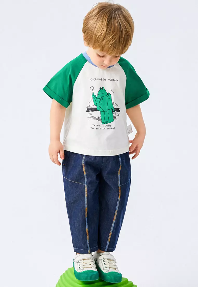 男小童短袖T恤撞色插肩袖趣味印花T恤