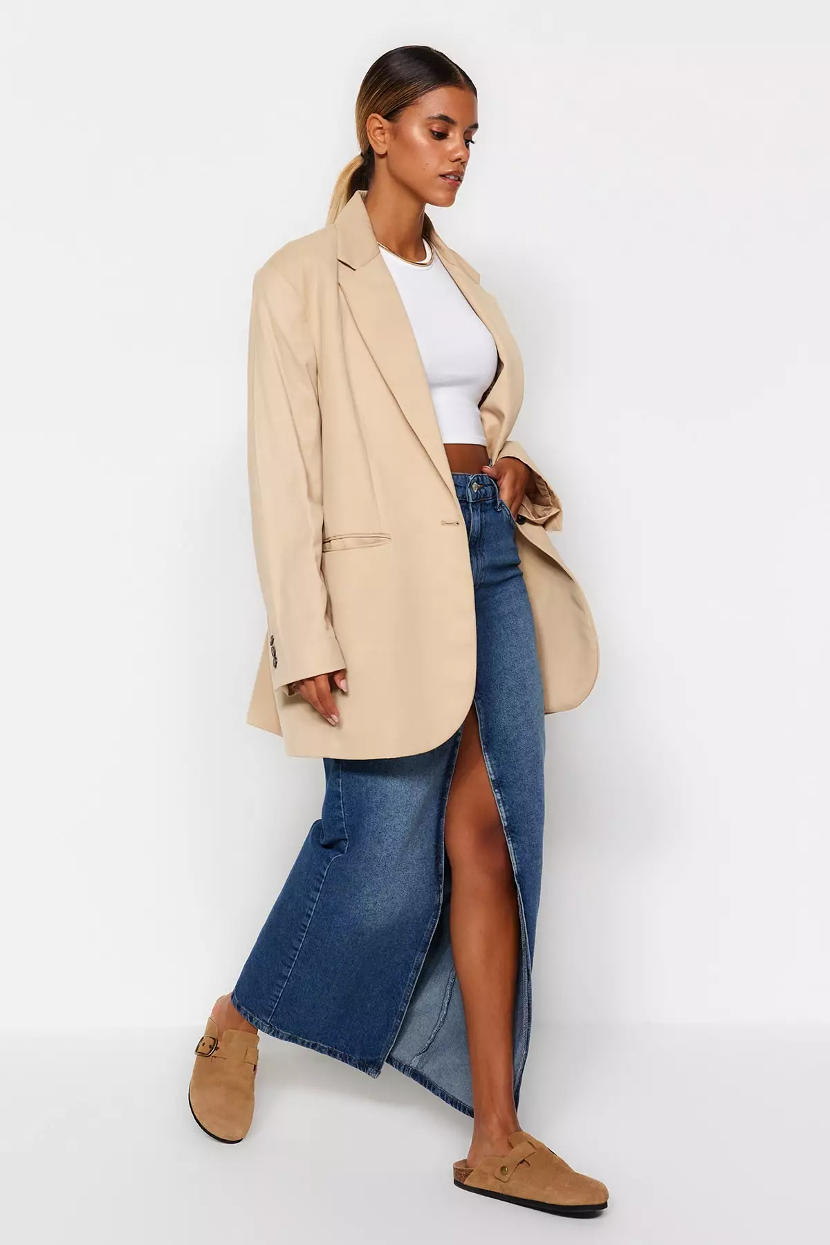 Slit Denim Maxi Skirt