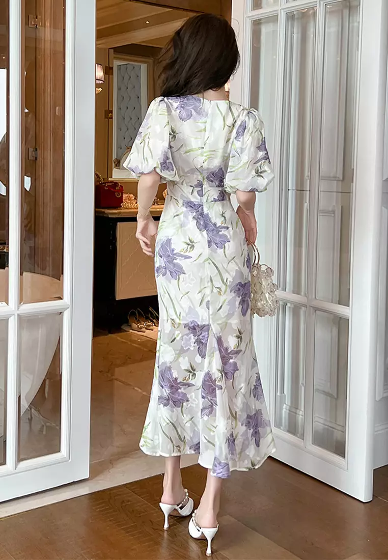 2025S/S夏季新款小清新氣質圓領泡泡袖印花魚尾連衣裙 CA061512