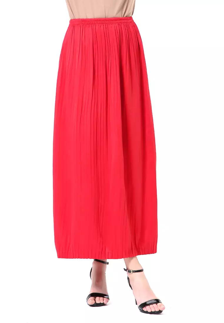 Angely Rok Plisket Rubbery Waist Fashion Wanita Simple - Merah