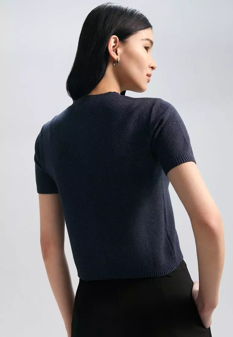 Gold Button Detail Short-Sleeve Cardigan - Dark Blue