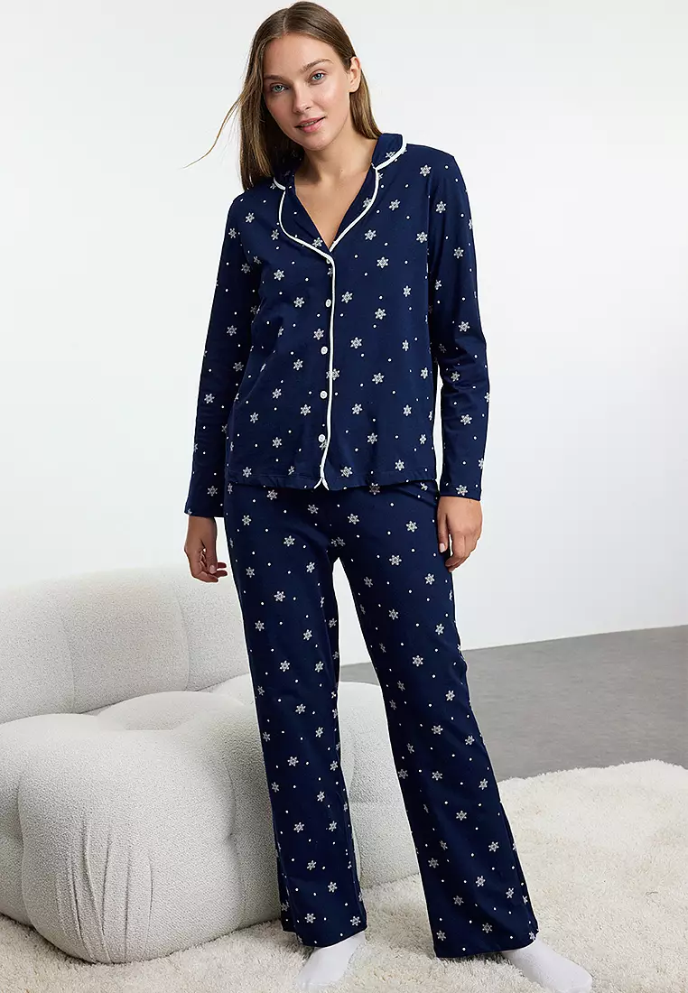 Navy Blue Winter Themed Piping Knitted Pajama Set