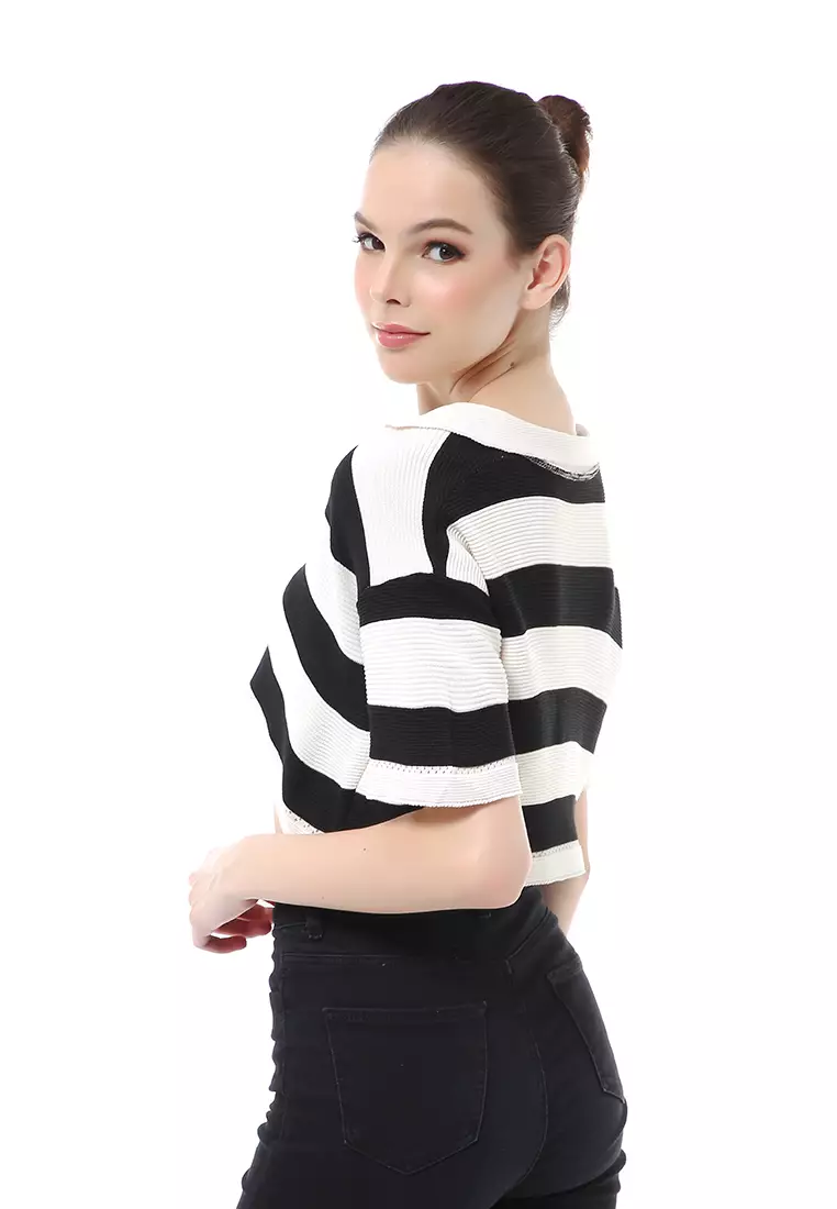Albertine Atasan Crop Wanita Lengan Pendek Motif Salur Material Rajut ORIGINAL - Black