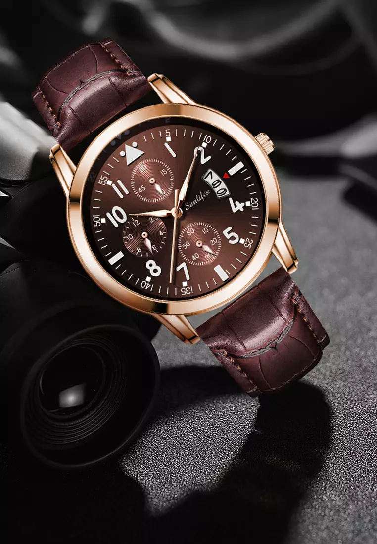 Jam Tangan Pria 7004 Original Anti Air Kuarsa Tali Kulit Jam Tangan Cowok brown