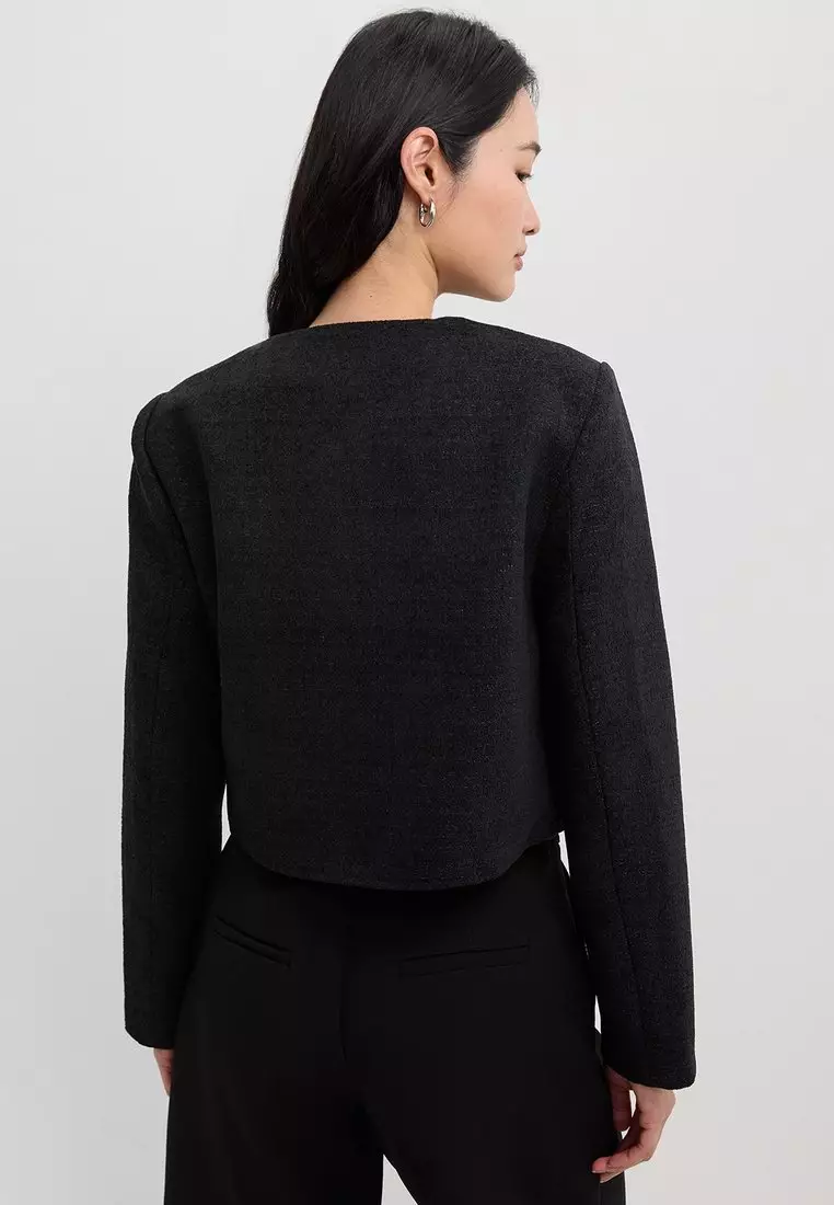 Round Neck Long Sleeve Tweed Jacket - Black