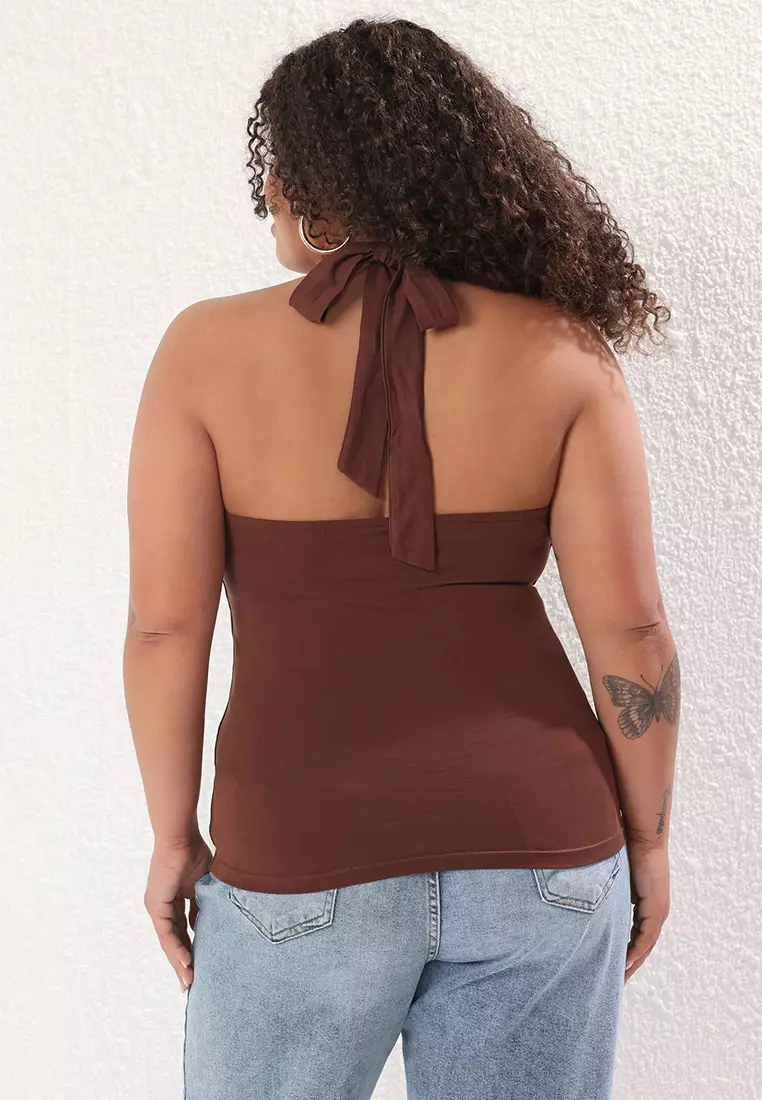 Brown Single Jersey Neck Knitting Plus Size Blouse TBBSS25AF00009