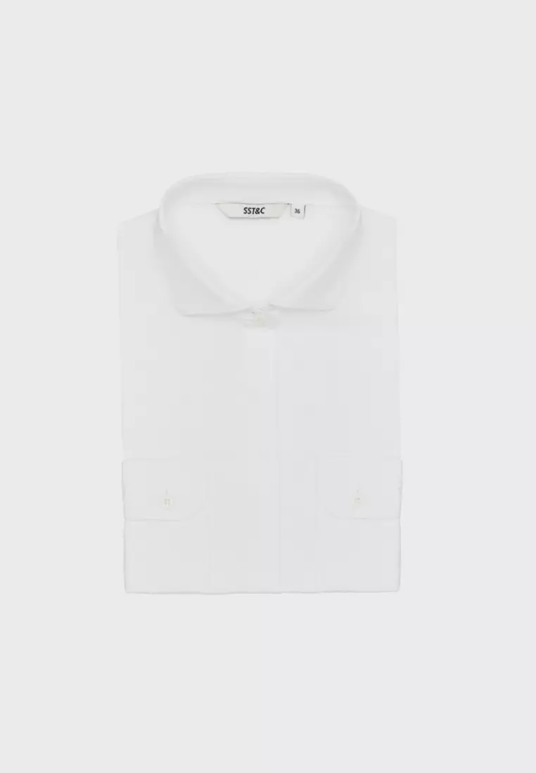 白色一字領標準版長袖襯衫