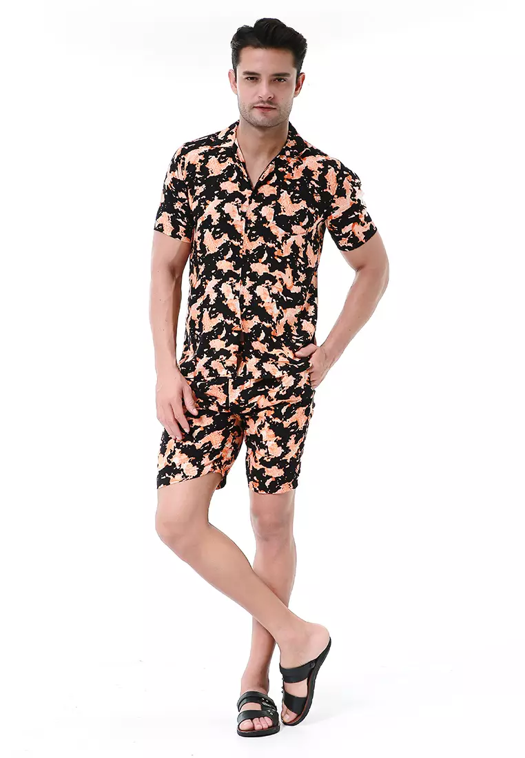 Deon Piyama Pria Kemeja One Set Lengan Pendek Motif Abstrak Material Rayon ORIGINAL - Black Orange
