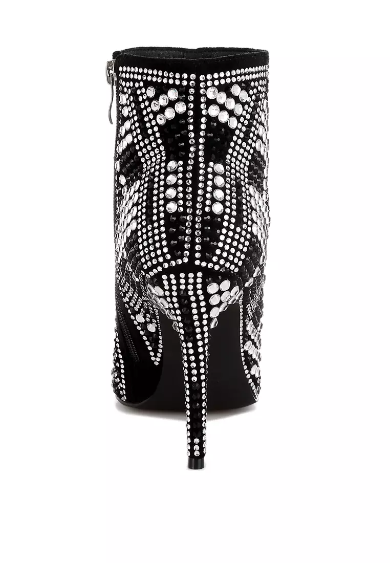 Rhinestones Studded Stiletto Heel Boots in Black
