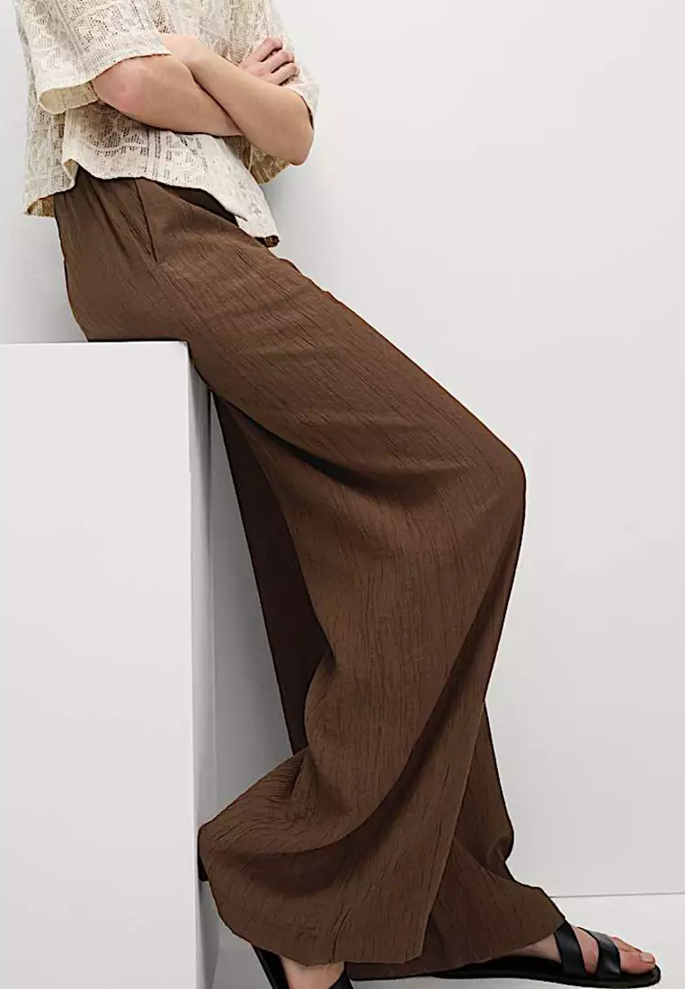 Viscose Rich Crinkle Elasticated Waist Wide Leg Trousers