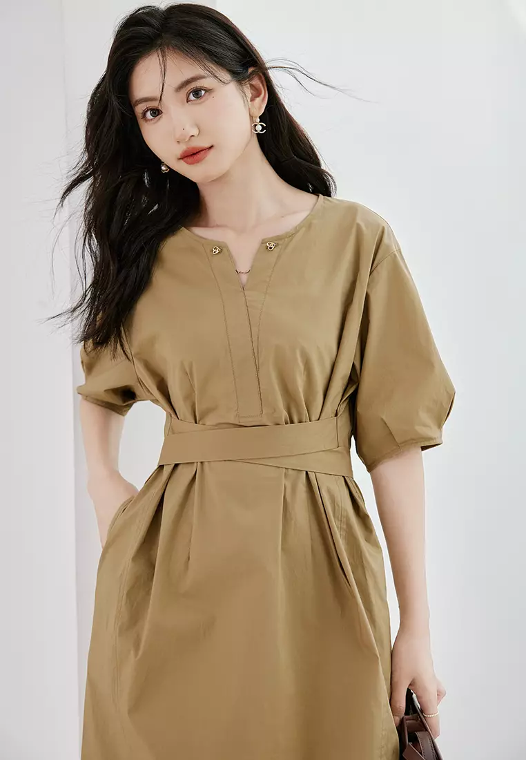 Puff Sleeve V-Neck A-Line Dress with Waist Belt