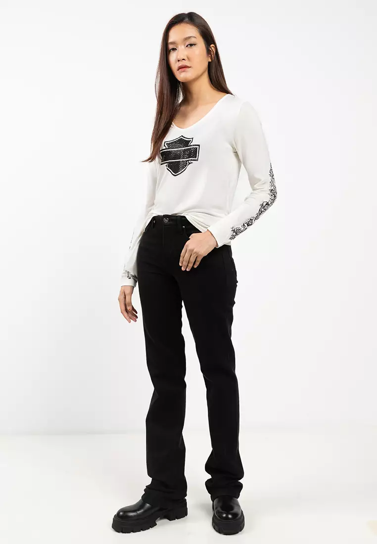 Harley-Davidson® Women's Bling Chrome & Roses Long Sleeve Laced Back V Neck Tee - Cloud Dancer