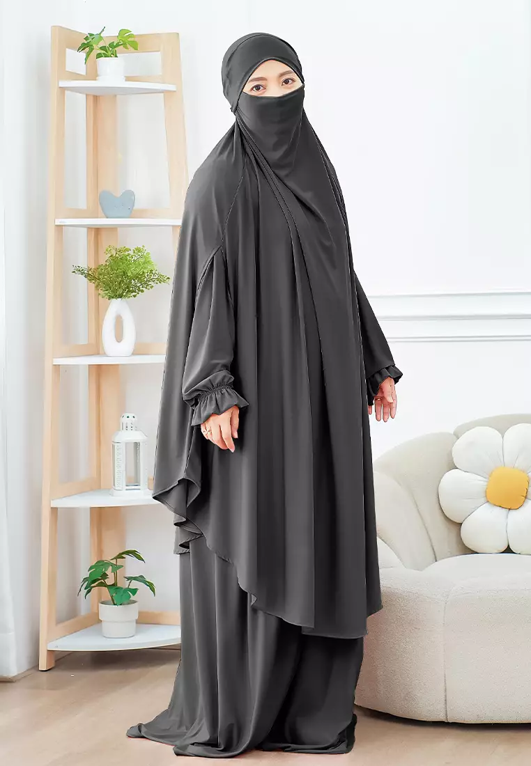 Wafa French Khimar Set | One Set Dress Abaya Syari - Black Pearl - XL