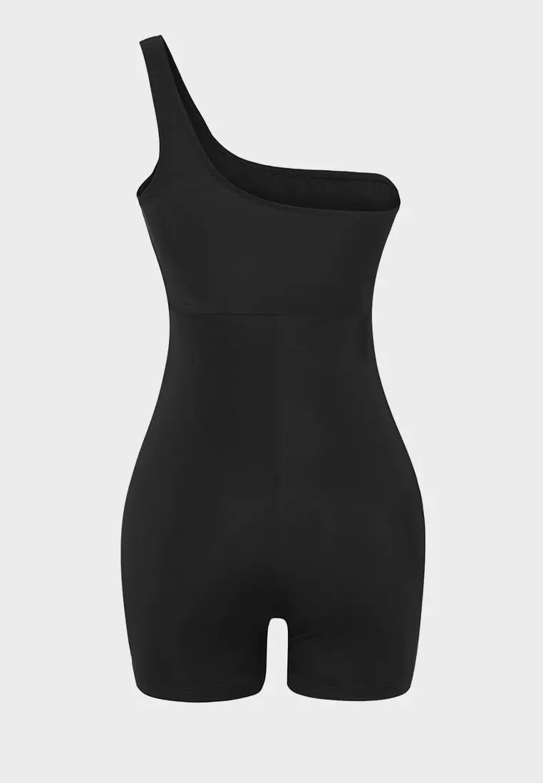 Black One Shoulder Shorts Swimsuit TBESS25MA00131