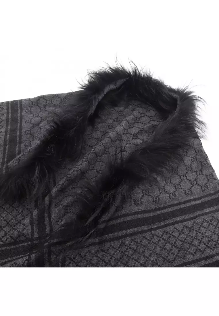 Pre-Loved Gucci GG pattern Stall shawl wool silk Dark gray with fox fur