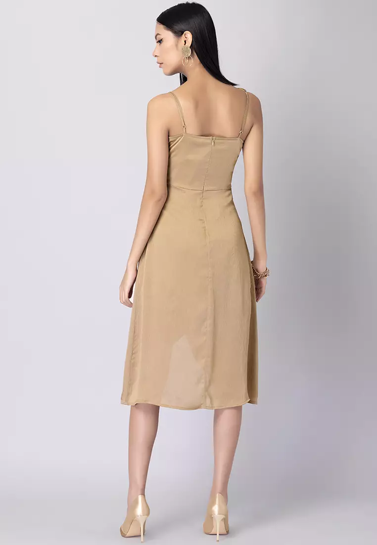 Beige Cowl Neck Dress With Fabric Tie Up