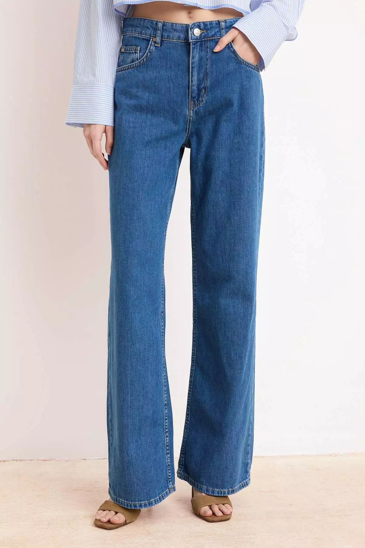 Blue Drafted High Waist Seasonal 1% Cotton Long Length Wi Wide Leg Eans Twoss26Je127
