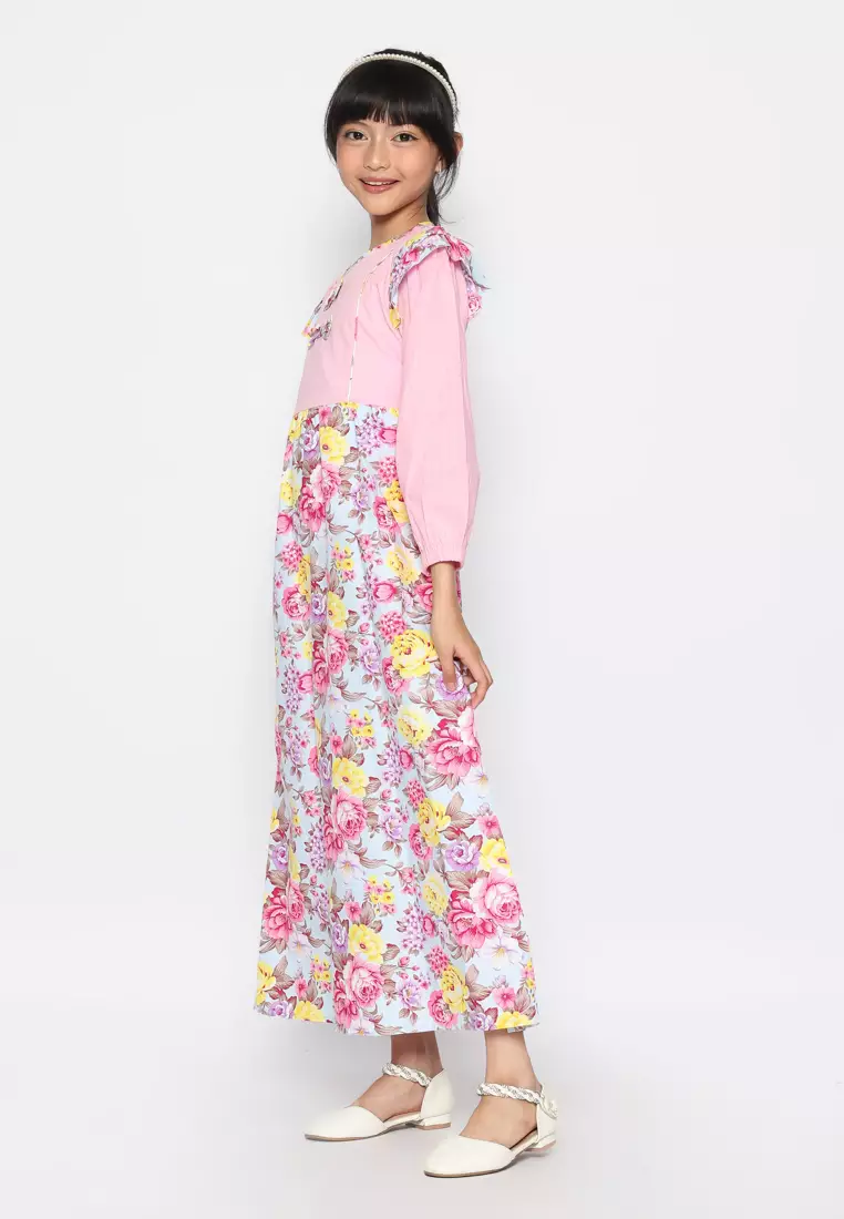 Baju Gamis Anak Perempuan Bunga 2 Pita Pink With Model - BLESS