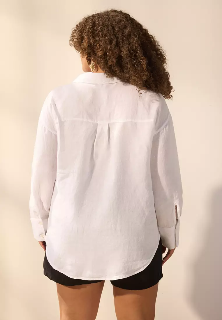 White 100% Linen Summer Large Size Shirt Tbbss25Ax00021