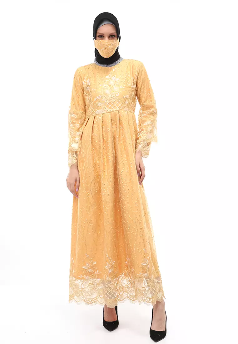 Araya Gamis Tulle Wanita Muslimah Long Dress Regular Fit - Gold