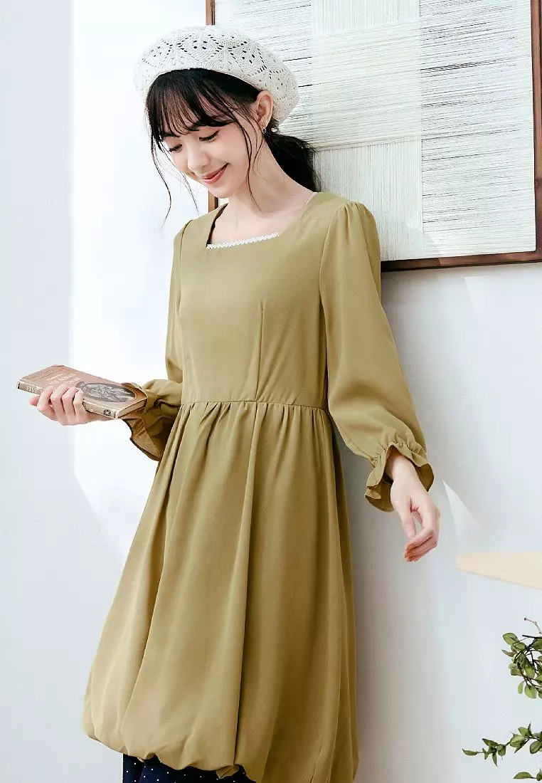 Buy OBSTYLE Japanese-Inspired Lace-Edge Square Neck Ruffled Sleeve Midi ...