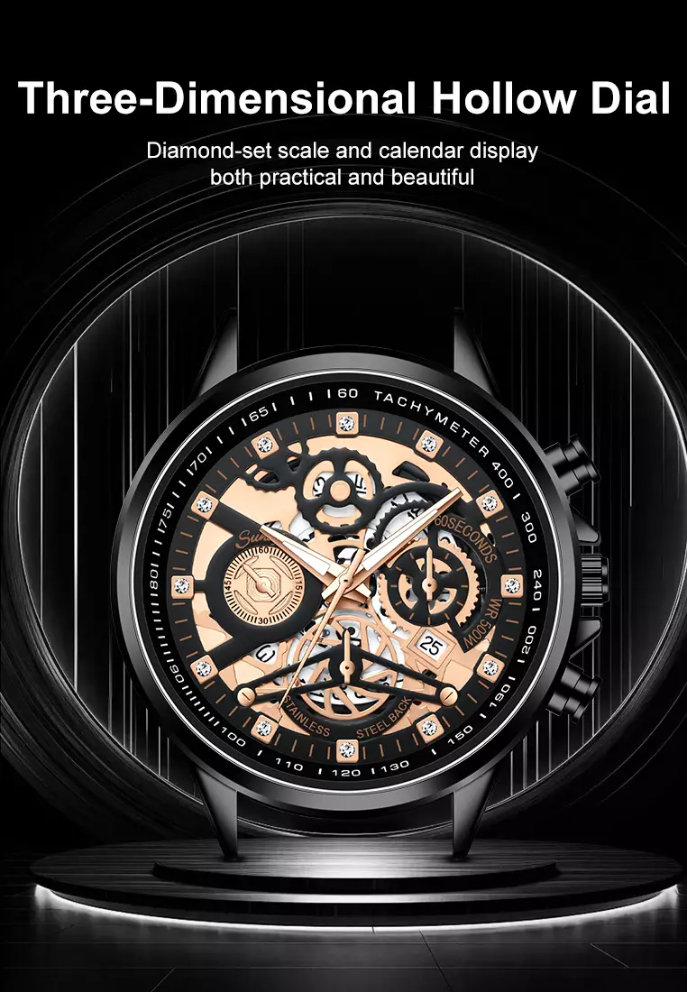 Jam Tangan Pria 3352 Bercahaya Dial Berongga Santai Mode Tali Stainless Steel Kalender Jam Tangan Cowok black