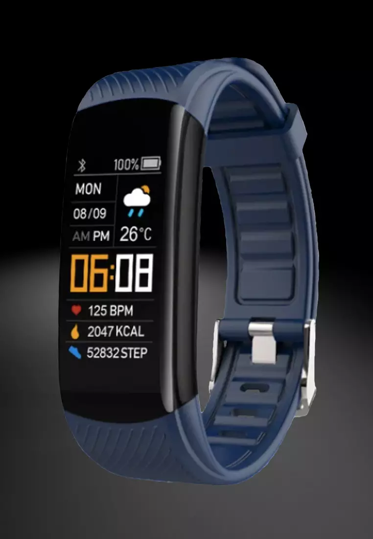 Unisex IOS/Android IP Black Waterproof Fitness SmartWatch, Heart Rate Monitoring, Weather, Clock, with Navy Blue Rubber Strap