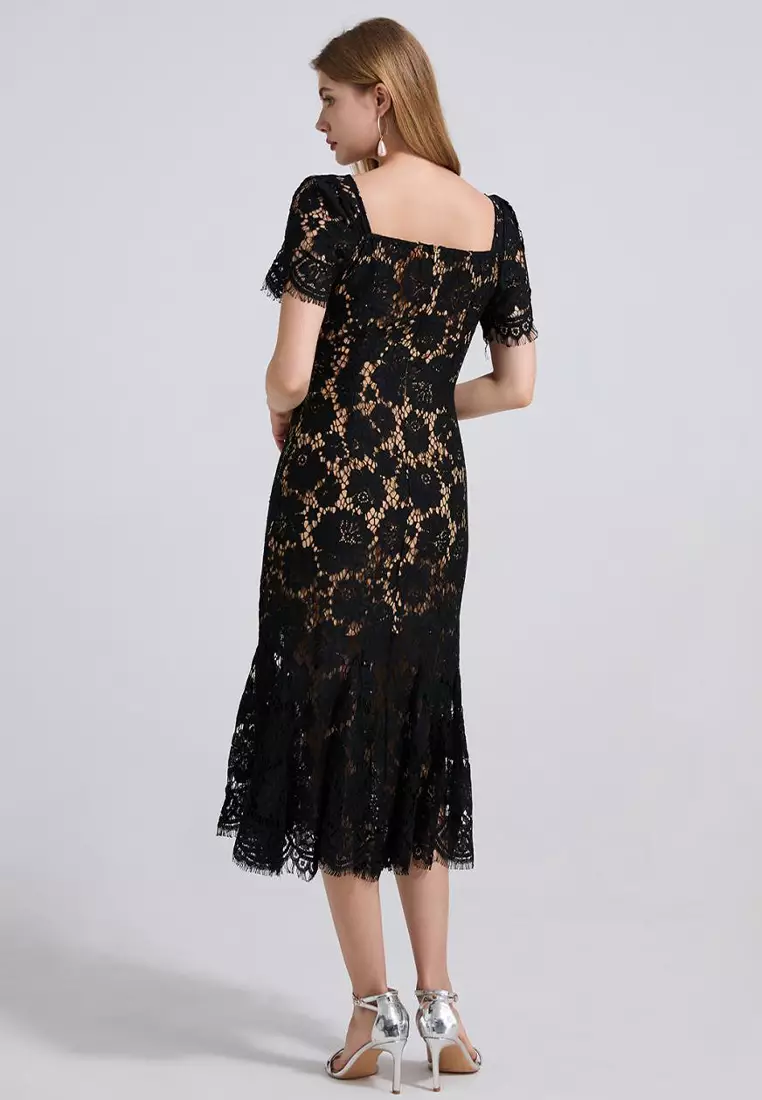 French high-end sexy square neck lace dress CA25070939BK