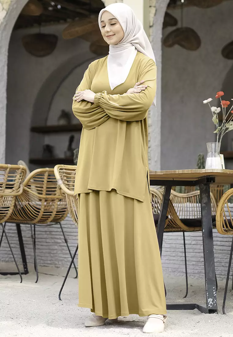 JV Hasanah Oneset Skirt Jersey Baju Kurung Beige - Setelan Rok Jersey Baju Kurung Jumbo