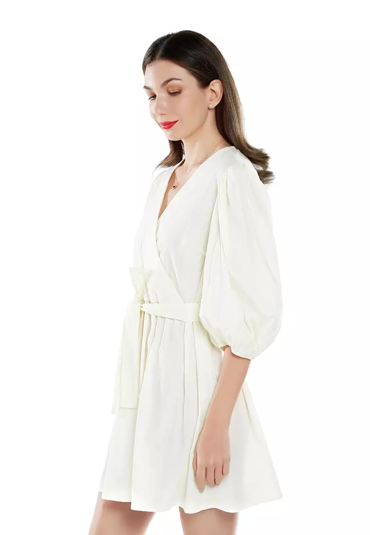 V-Neck Belt Dress In Off- White