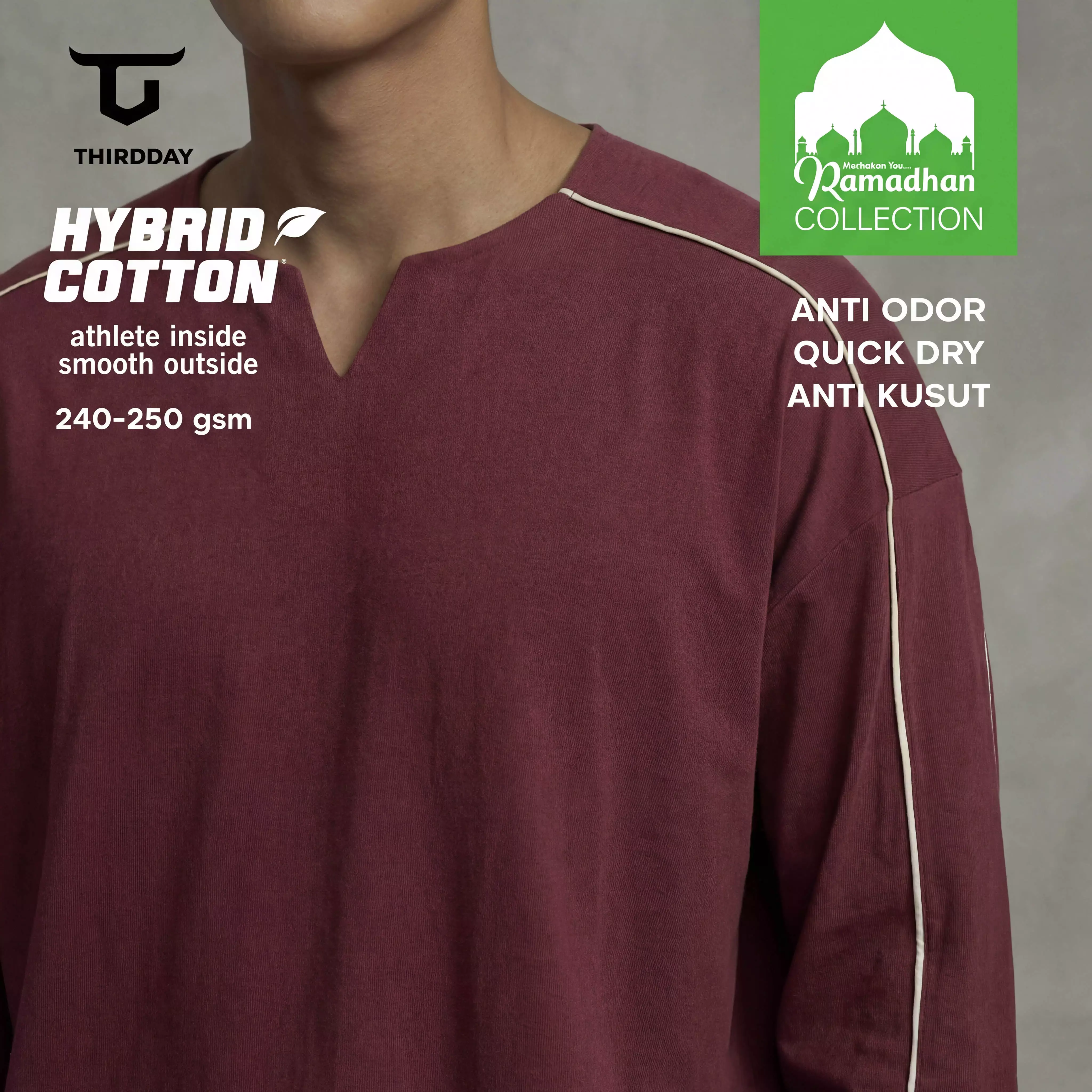 THIRDDAY Kaos Koko Tangan Panjang Piped Lis 240gsm Cotton Hybrid Merah Maroon MTZ11