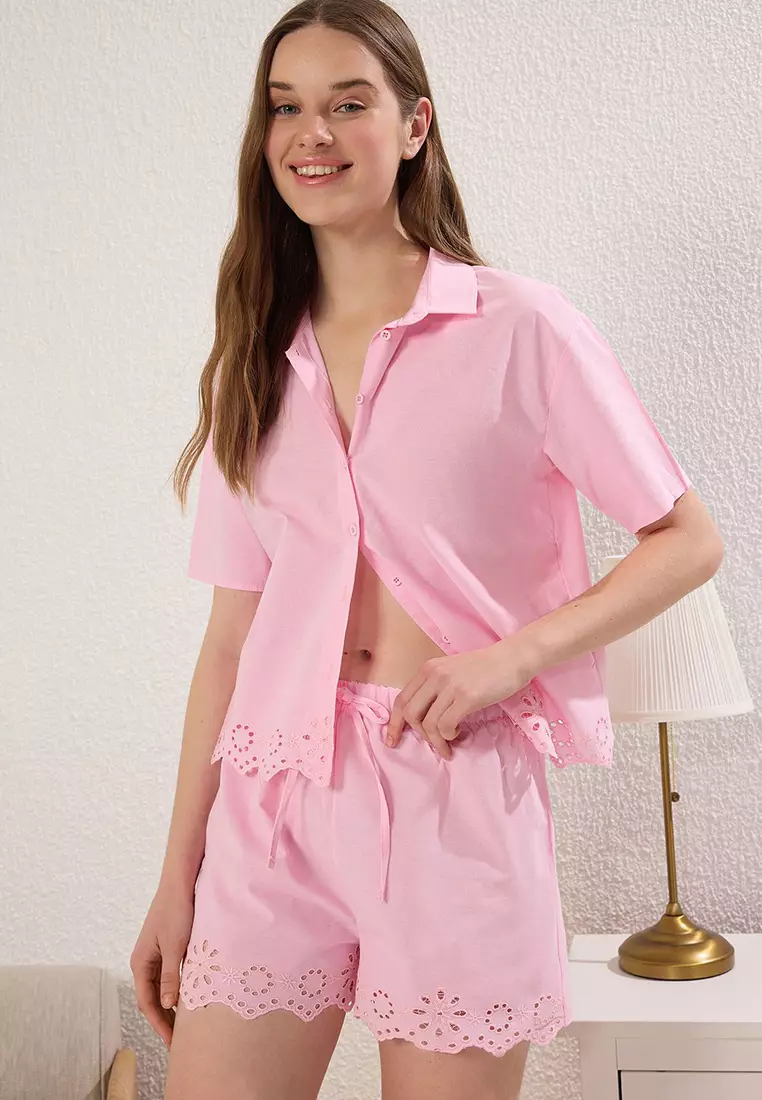 Pink 100% Cotton Self-Patterned Shorts Poplin Woven Pajama Set Thmss25Pt00257