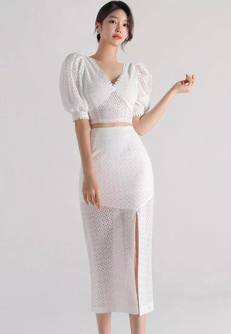 2025夏季新款兩件套蕾絲開叉包臀裙套裝CA081605