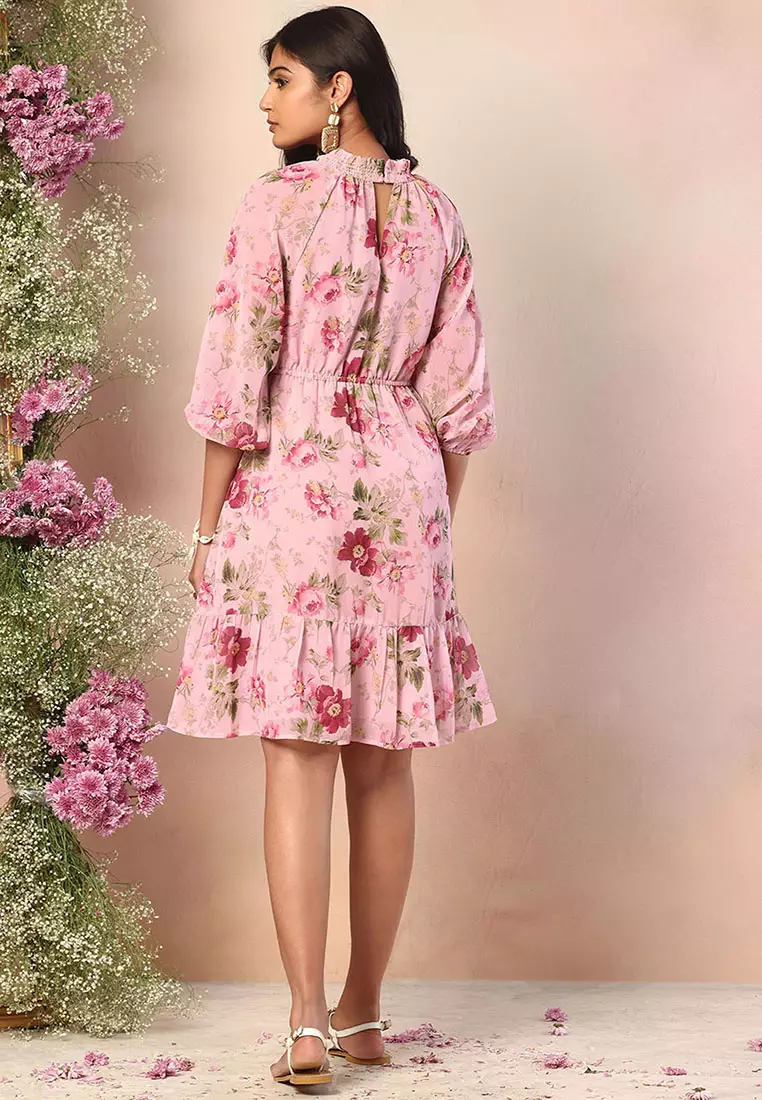 Light Pink Floral Print High Neck Skater Dress