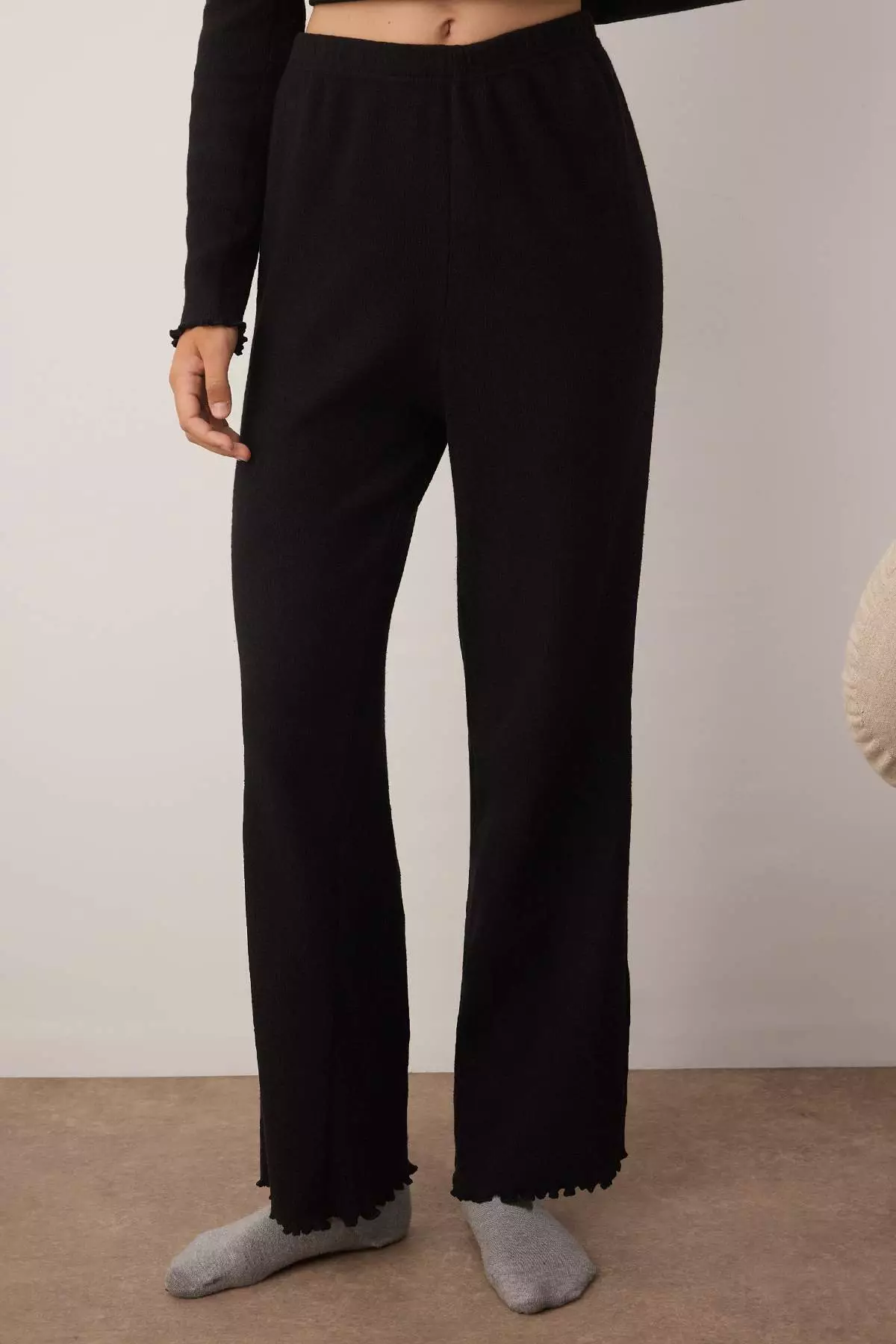 Black V-Neck Baby Overlock Soft Touch Brushed Winter Ribbed Knitted Pajama Set