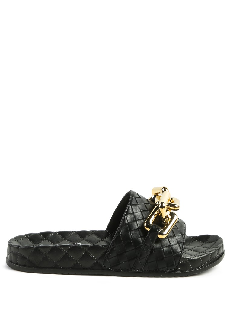 Black Bling Chain Strap Woven Slip On Flats