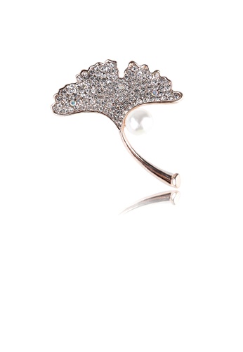 網上選購glamorousky 時尚璀璨鍍金色銀杏葉仿珍珠胸針配鋯石21系列 Zalora香港