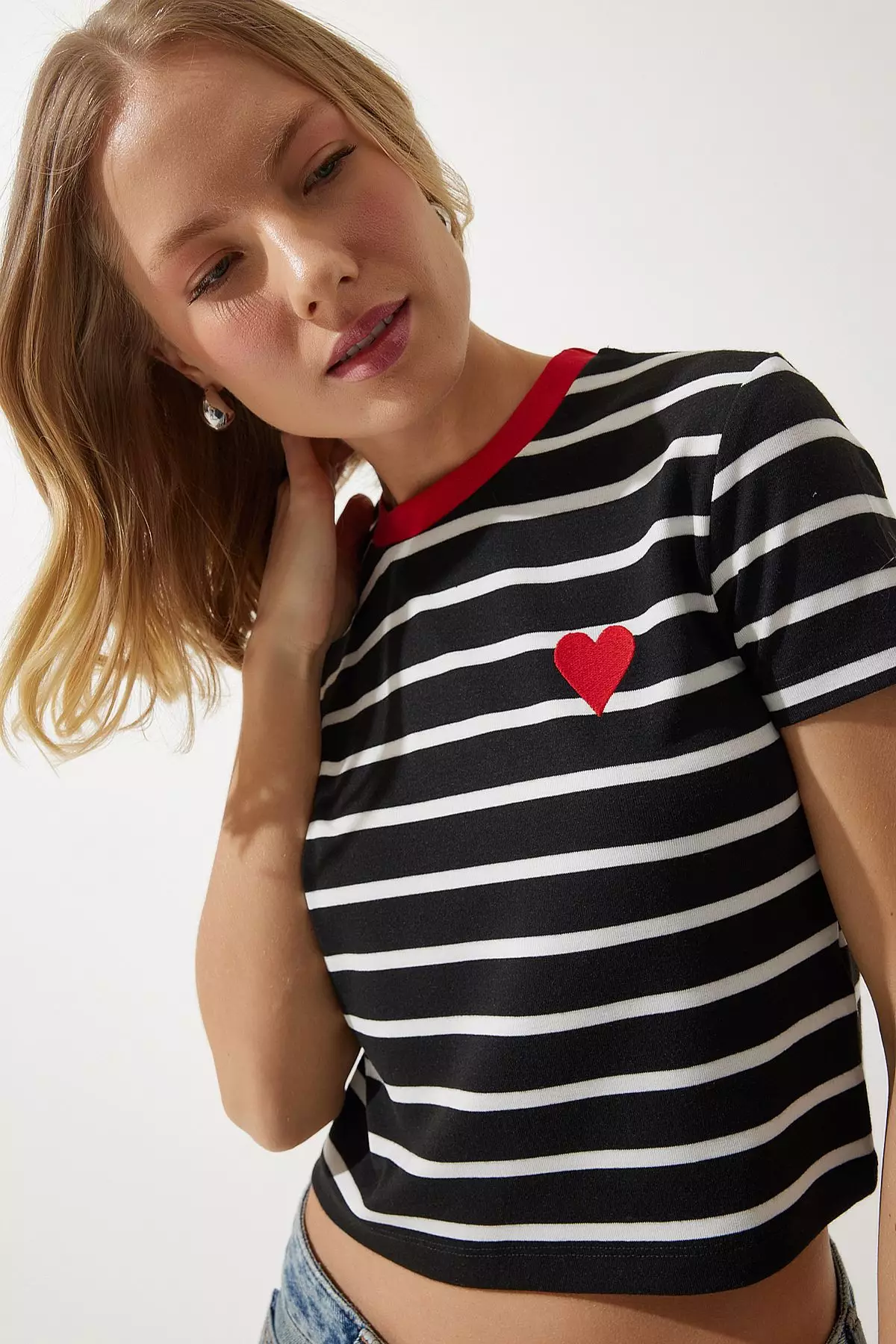 Heart Embroidered Striped Cotton Knitted T-Shirt