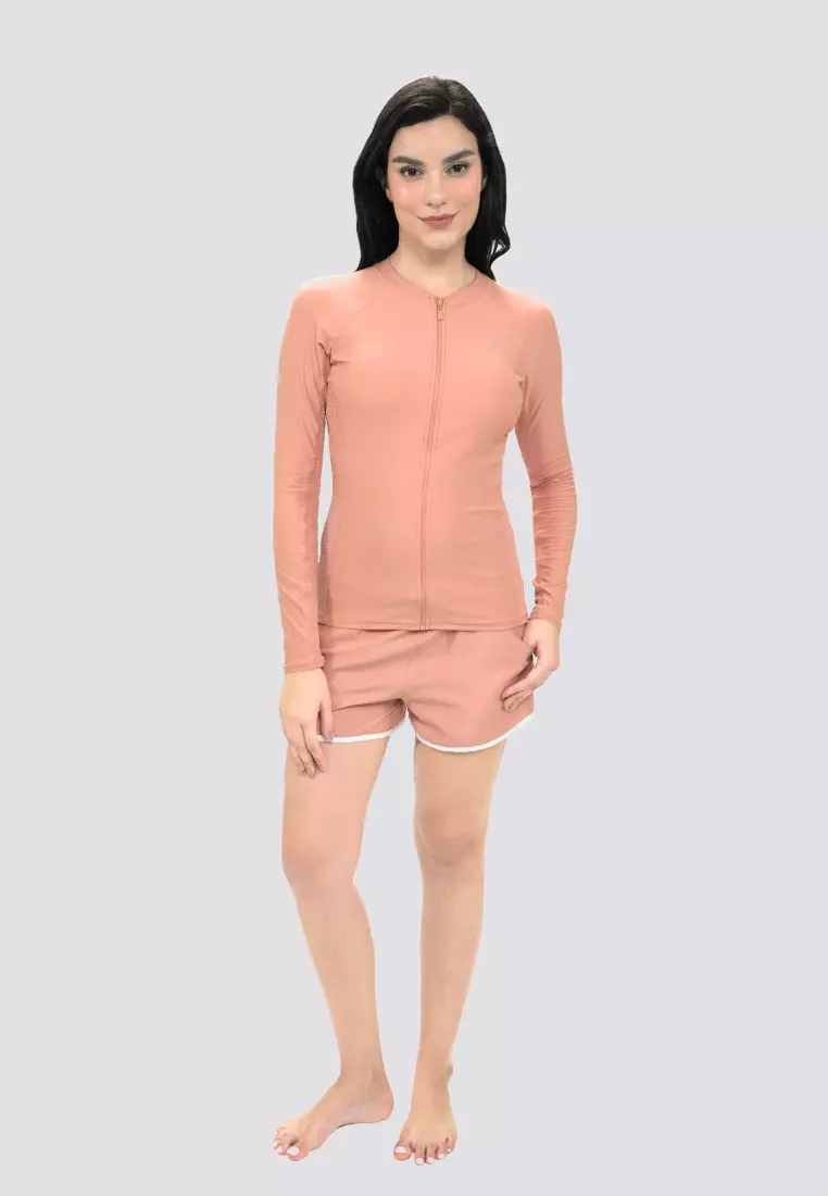 Sportif Full Zipped Long Sleeved Rashguard with Removable Bra Pads Swimwear for Women