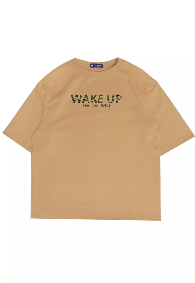 MTW58 Kaos Oversize Aesthetic Bahan Tebal "wake up" khaki
