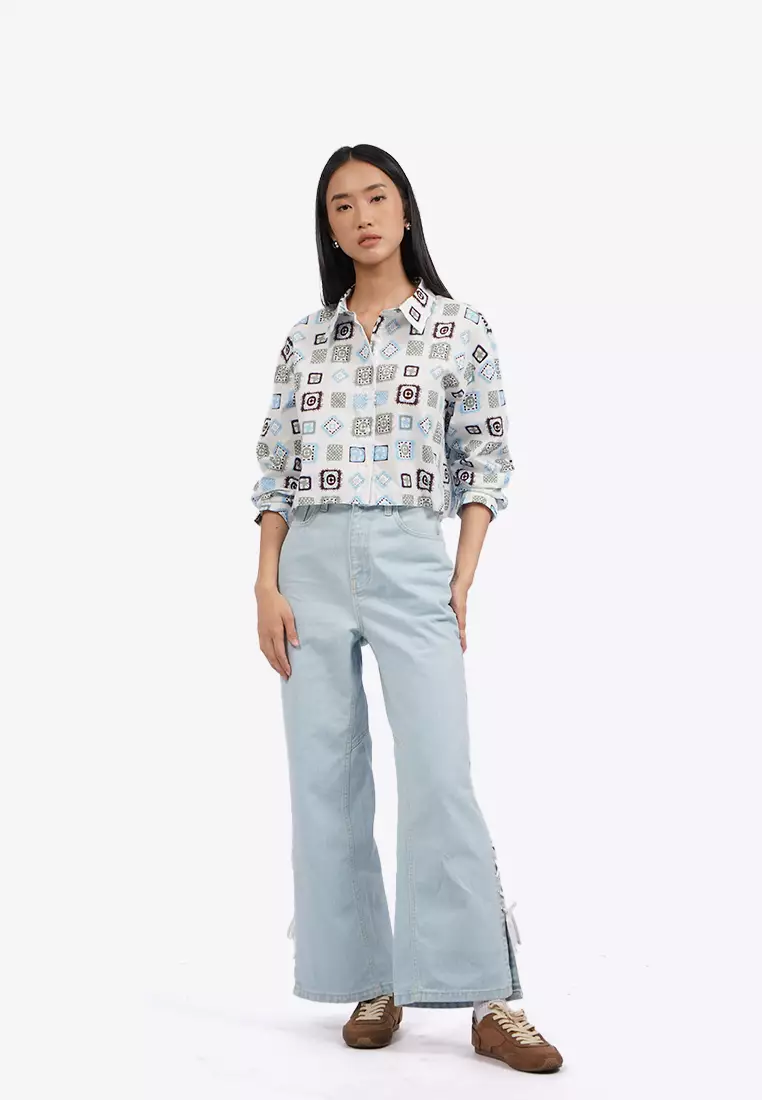 Long Sleeve Printed Crop Shirt