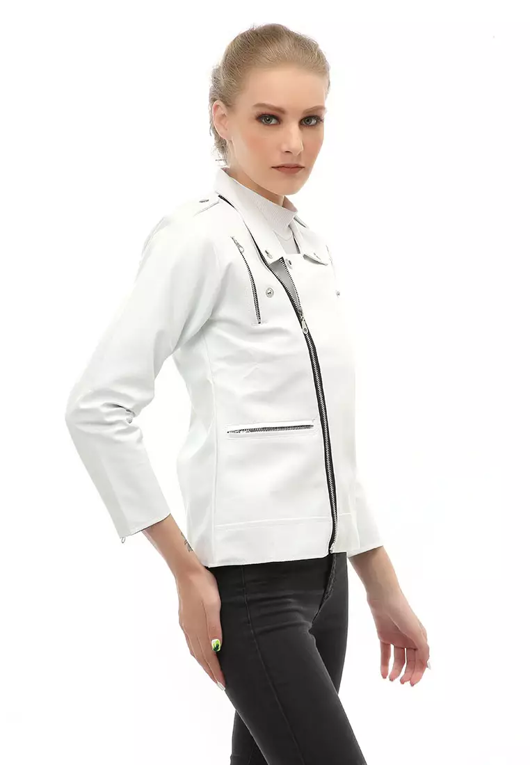 Glenice Jaket Kulit Casual Wanita Windproof Stylish Design Material Leather ORIGINAL - White