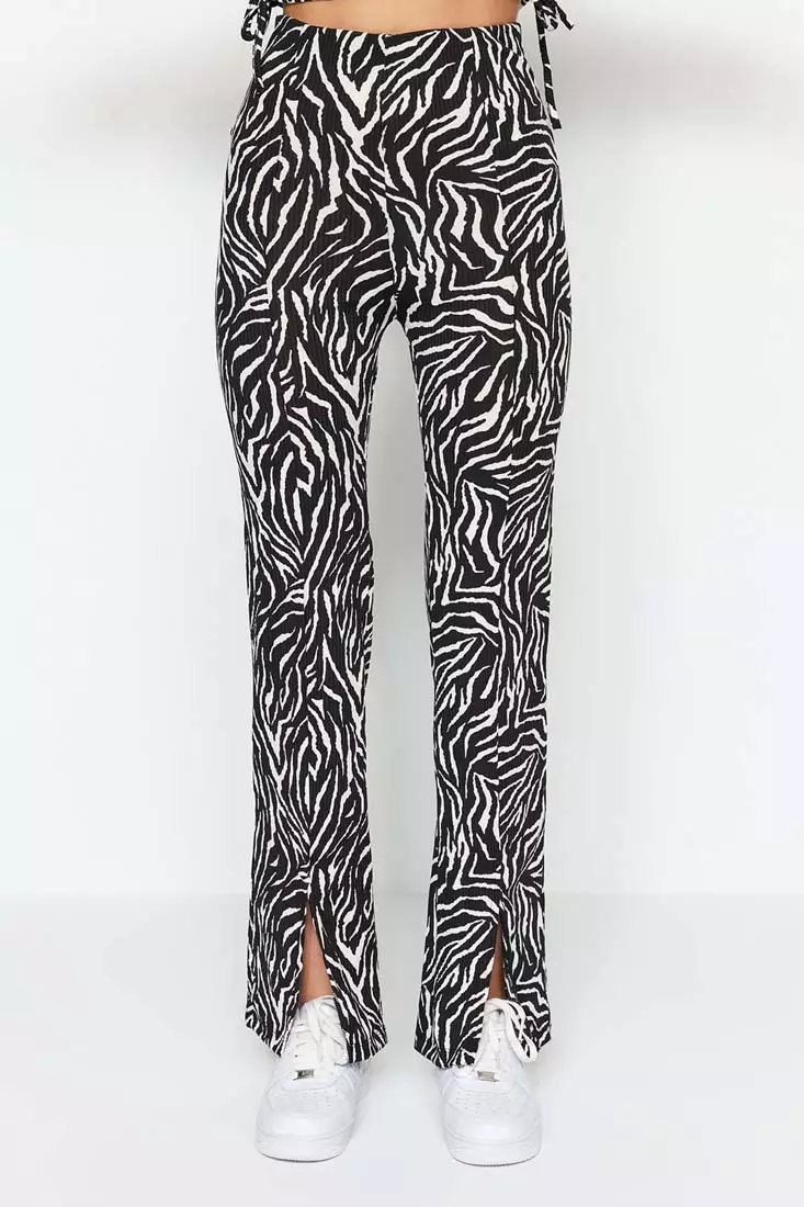 Trendyol Zebra Print Slit Detailed High Waist Straight Knitted