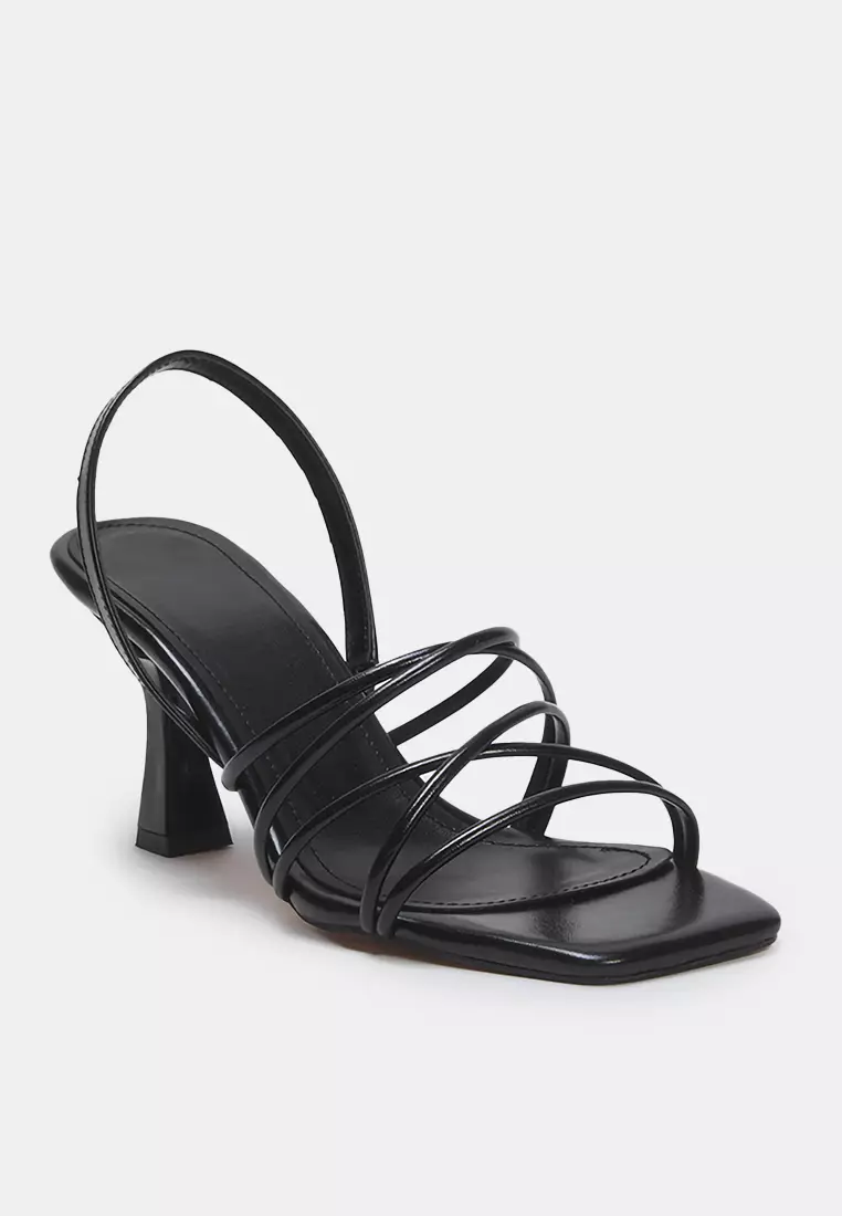 Black Ankle Strap Thin Heeled Square Toe Women's Heeled Sandals Takss25To00003