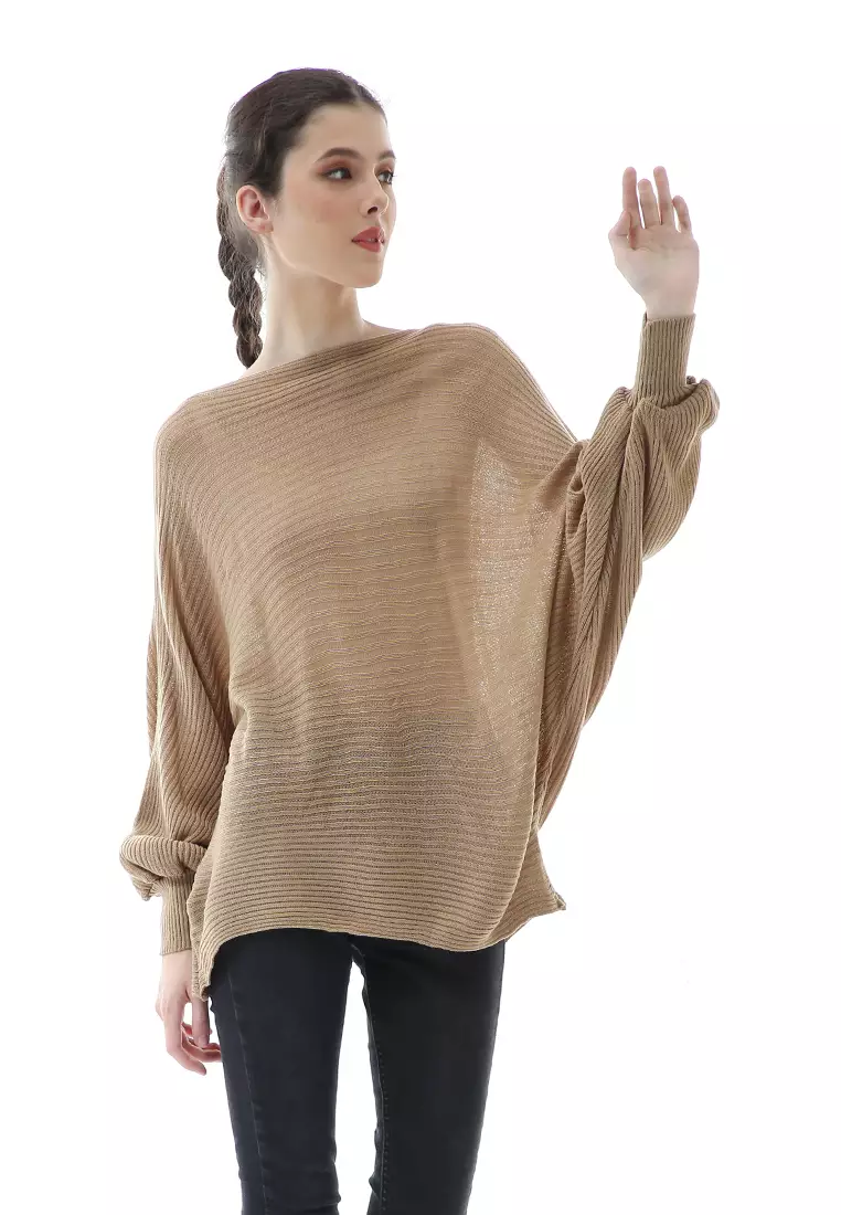 Eveline Sweater Rajut Batwing Atasan Wanita Motif Polos High Quality - Cream