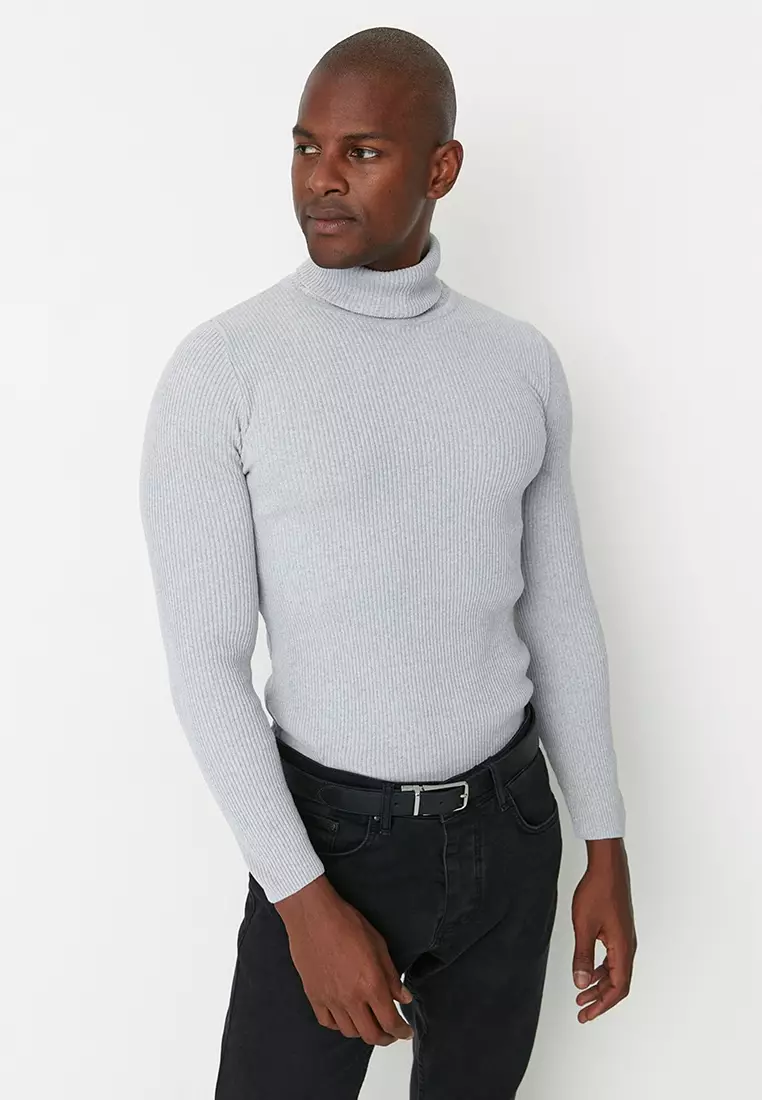 Buy Trendyol Gray Men s Slim Fit Turtleneck Turtleneck Corduroy
